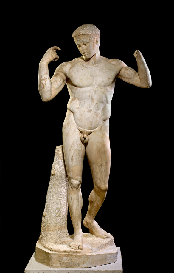 The Vaison Diadoumenos, a life-sized marble statue of an athlete, copied in 120-40 CE.