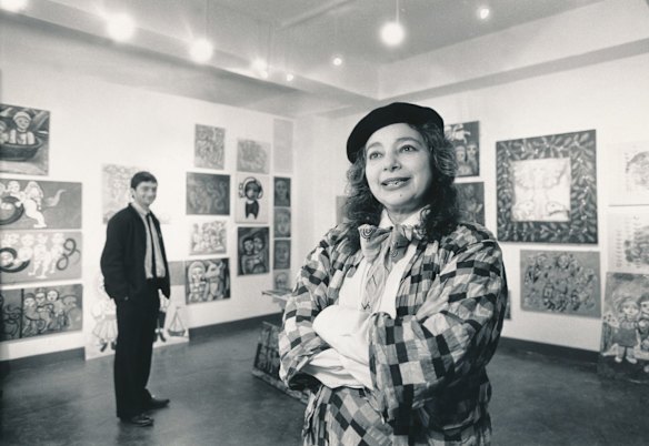 Mirka Mora, 1987 with her son William Mora, in his new Melbourne CBD gallery, in Windsor Place, occupying the first floor of a former Telecom metering station behind the Windsor Hotel. 