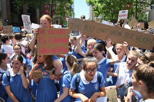 Thousands of students protest climate change at Martin Place, Sydney.