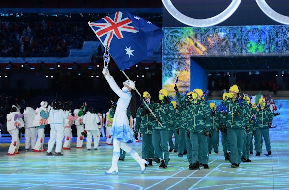 Aerial skier Laura Peel and figure skater Brendan Kerry were Australia's flag-bearers for the Beijing 2022 opening ceremony - the first time Australia has had dual flag-bearers at a Winter Olympics opening ceremony.