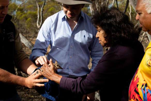 Wildlife ecologist, Laurence Berry (left) with Environment Minister, Matt Kean, and Barkandji traditional owners, Betty Pearce and Warren Clark, with one of the five numbats that were released.