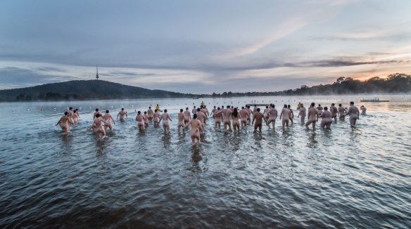 Swimmers take the plunge at Lake Burley Griffin.