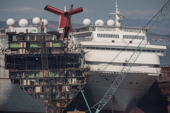 Five cruise ships are seen being broken down for scrap metal at the Aliaga ship recycling port in Izmir, Turkey. With the global coronavirus pandemic pushing the multi-billion dollar cruise industry into crisis, some cruise operators have been forced to cut losses and retire ships earlier than planned. The crisis however has bolstered the years intake of ships at the Aliaga ship recycling port with business up thirty percent on the previous year.  