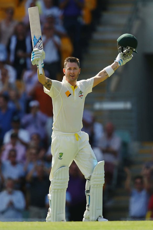 Michael Clarke of Australia celebrates scoring his century.