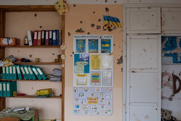Bullet holes are seen in the classroom of a damaged school in Novyi Bykiv. The towns around Kyiv are continuing a long road to what they hope is recovery, following weeks of brutal war as Russia made its failed bid to take Ukraine's capital.