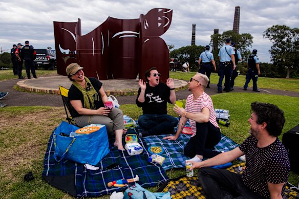 Inner west locals enjoying a picnic, one of the freedoms afforded to those double vaccinated in certain LGAs, in Sydney Park as police patrol in anticipation of anti-lockdown protests.