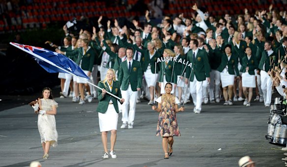 Lauren Jackson leads the Australian team into the opening ceremony of the London Olympics in 2012.