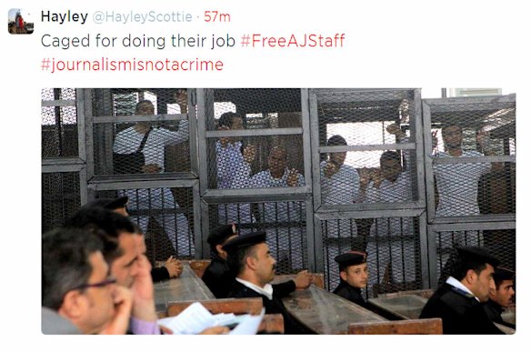 Al Jazeera journalist Peter Greste stands behind bars after being sentenced to seven years jail by a court in Cairo. Image from Twitter #Hayley@HaleyScottie. Monday 23rd June 2014