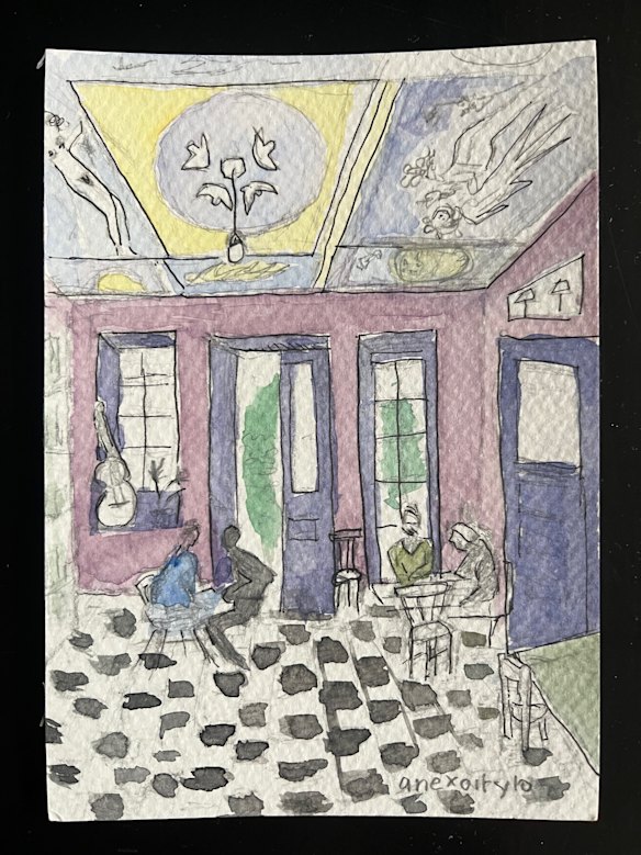 Watercolor sketch by the author from a tour of a cafe with ceilings covered with frescoes of angels in the city of Oitilo.