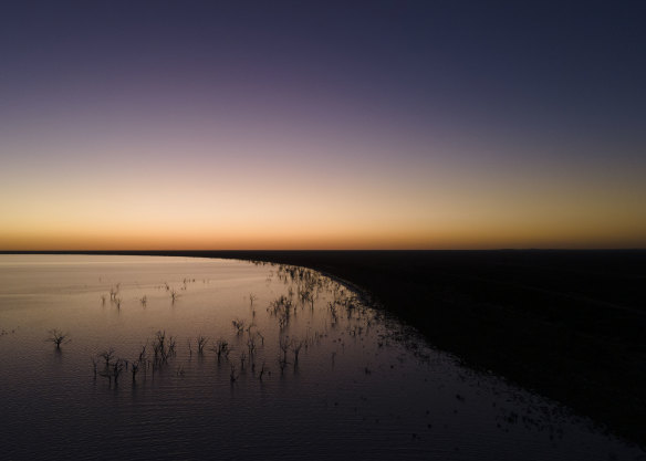 An aerial view of Lake Menindee at sunset, where conditions are the best in years.