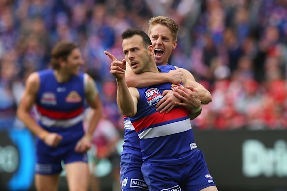 Tory Dickson of the Western Bulldogs celebrates kicking a goal during the 2016 AFL Grand Final.