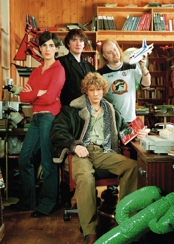 Tamsin Greig, Dylan Moran, Bill Bailey and Julian Rhind-Tutt (front) in Black Books.