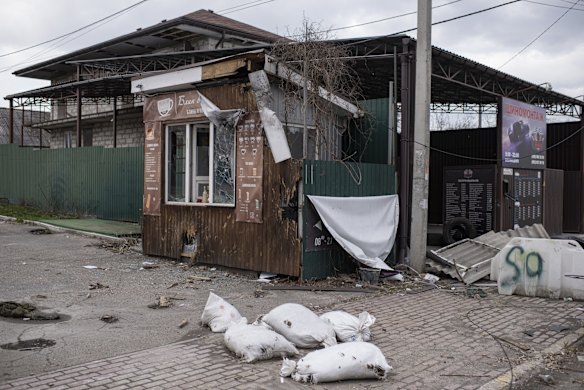 A damaged coffee kiosk in Bucha.
