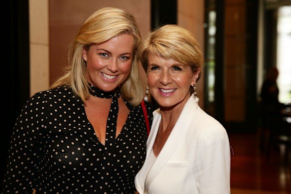 Samantha Armytage (left) and Julie Bishop attend the launch of Carolyn Hartz's cookbook Sugar Free Baking at Grand Hyatt Melbourne in 2016.