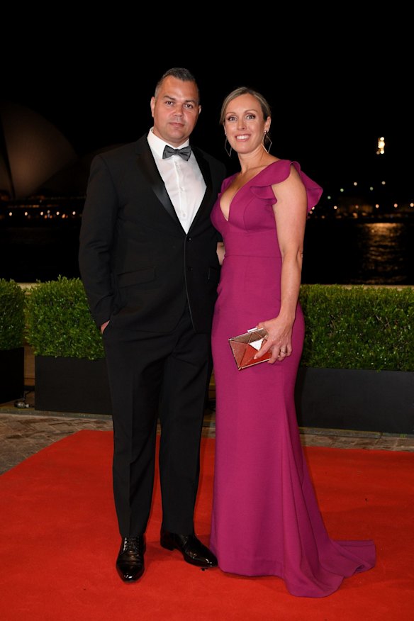 South Sydney Rabbitohs coach Anthony Seibold and partner arrive at the Dally M Awards.