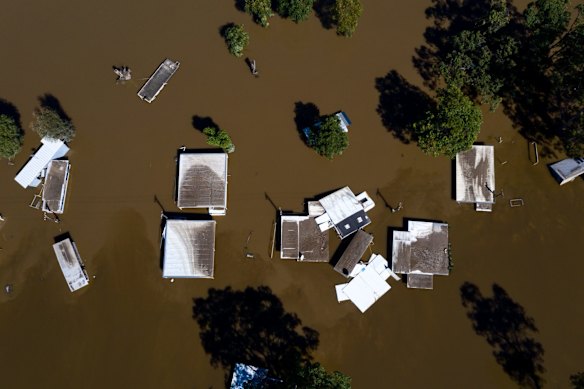 Dargle Water ski resort still inundated after the Hawkesbury River flooded through on Sunday. Several of the caravans were washed downstream and dumped at St George Caravan Park.