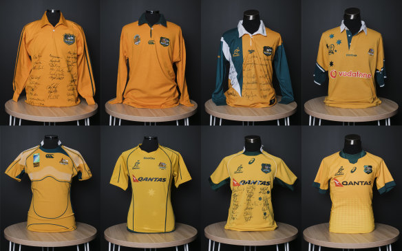 Wallabies jerseys from (top row, L-R) 1984, 1991, 1997, 1999, (bottom row L-R) 2007, 2010, 2015 and 2020. 
