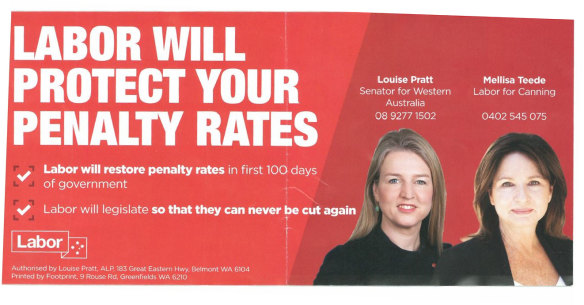 The reverse side of advertising material authorised by Senator Louise Pratt for Labor's Canning campaign.