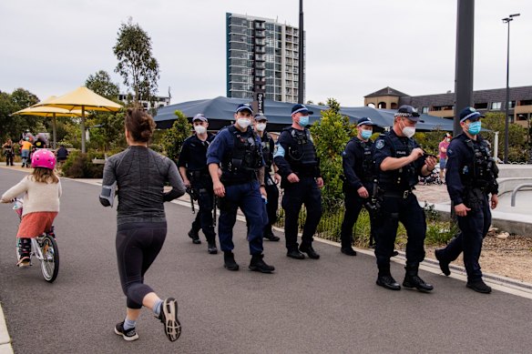 Police patrol at Sydney Park in anticipation of planned anti-lockdown protests today.