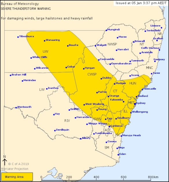 A map of the area covered by a Bureau of Meteorology severe thunderstorm warning issued on Saturday.