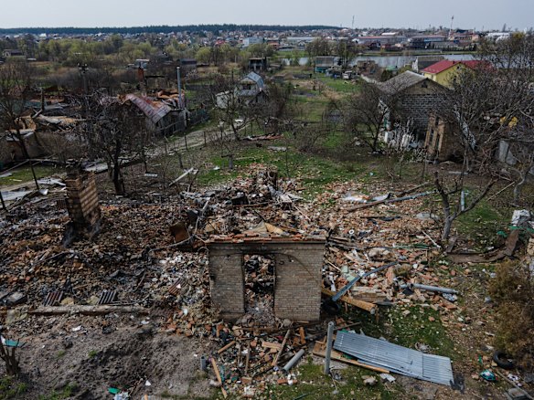 A destroyed house in Horenka, near Kyiv.