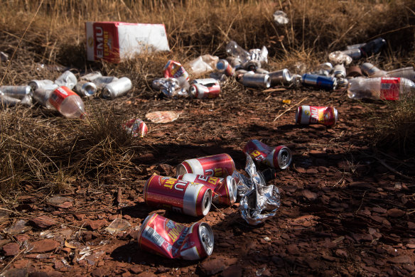 Empty cans and goon bags litter the suburb of East Newman. According to the Shire of East Pilbara, 90 per cent of domestic violence incidents are alcohol-related. 