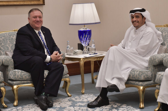 From left, U.S. Secretary of State Mike Pompeo meets with Qatar's Foreign Minister Sheikh Mohammed bin Abdulrahman Al Thani.