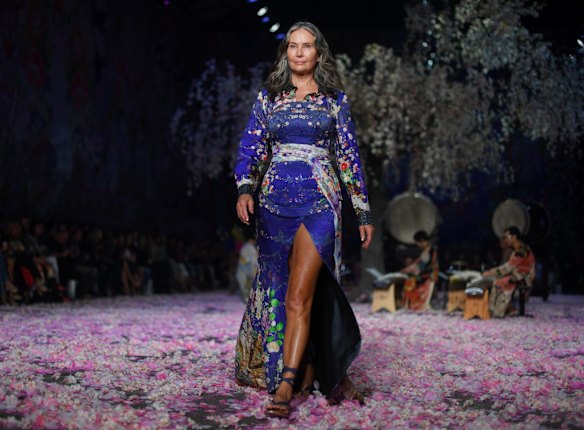 A model wears a creation by Camilla during her fashion show during the Mercedes-Benz Fashion Week Australia in Sydney.