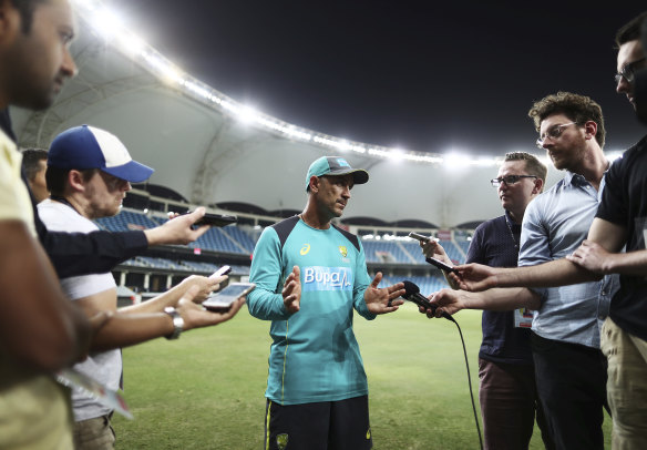 Justin Langer addresses the media in a scene in The Test.