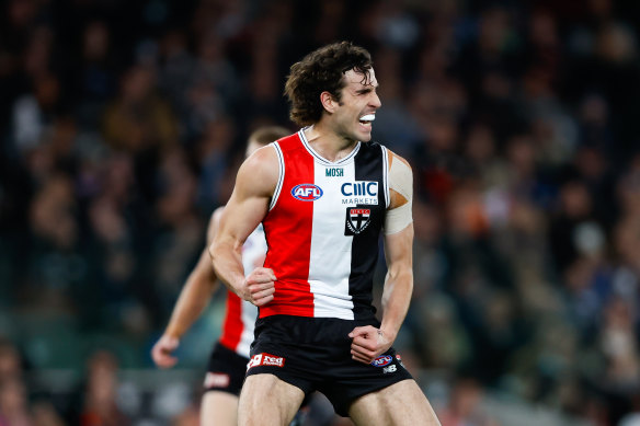  Max King celebrates a goal against the Cats on Saturday night.