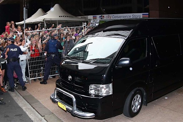 Fans await One Direction's exit from Sunrise Martin Place studio.