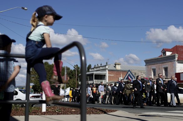 Veterans marching during Anzac day service in Braidwood, NSW.