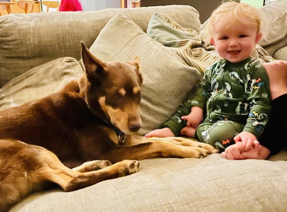 Clancy Glover with his “little mate”, the new baby Glover.