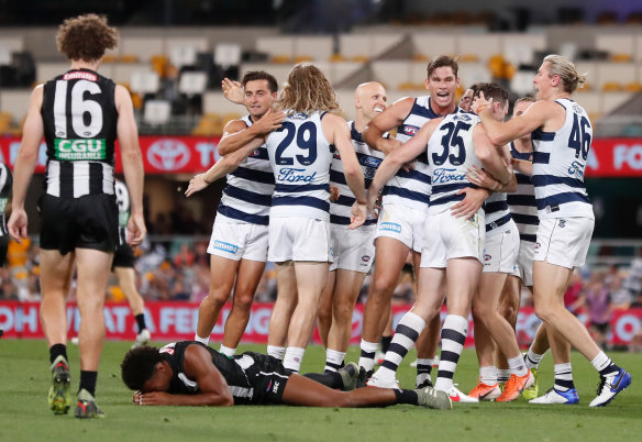 Geelong players celebrate.