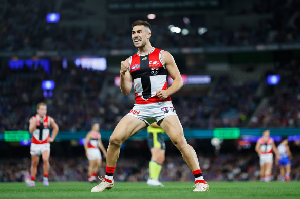 Jade Gresham of the Saints celebrates a goal against the Western Bulldogs.