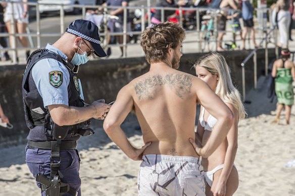 NSW Police patrol Bondi Beach keeping the COVID-19 restrictions in place.