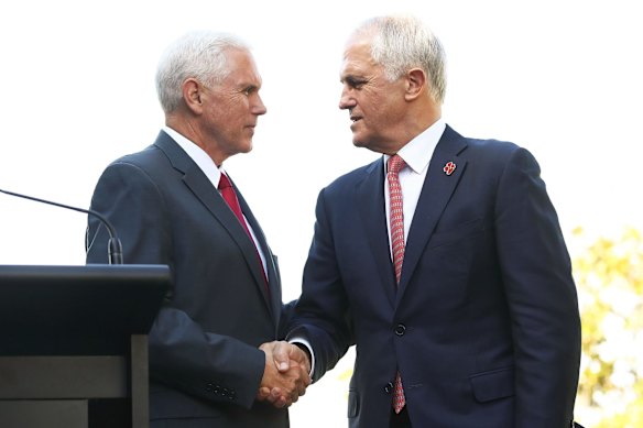 US Vice President, Mike Pence and Australian Prime Minister, Malcolm Turnbull shake hands during a press conference at Kirribilli House.