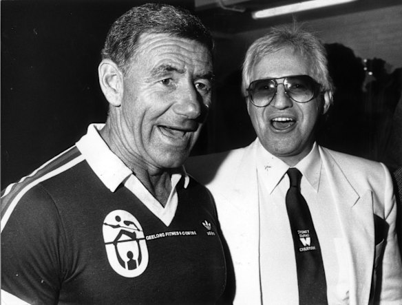 Football coach Tom Hafey and Dr Geoffrey Edelsten, chairman of the Sydney Swans football team.  April 1986.