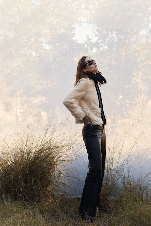 Zara faux fur jacket, $269. By Malene Birger leather pants, $1532, from Christensen Copenhagen. Gucci sunglasses, $870.