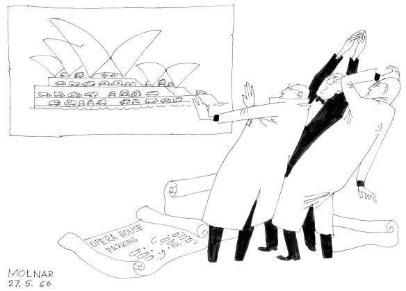 The outrage at the thought of a car park at the Sydney Opera House as seen through the eyes of illustrator George Molnar in 1966.