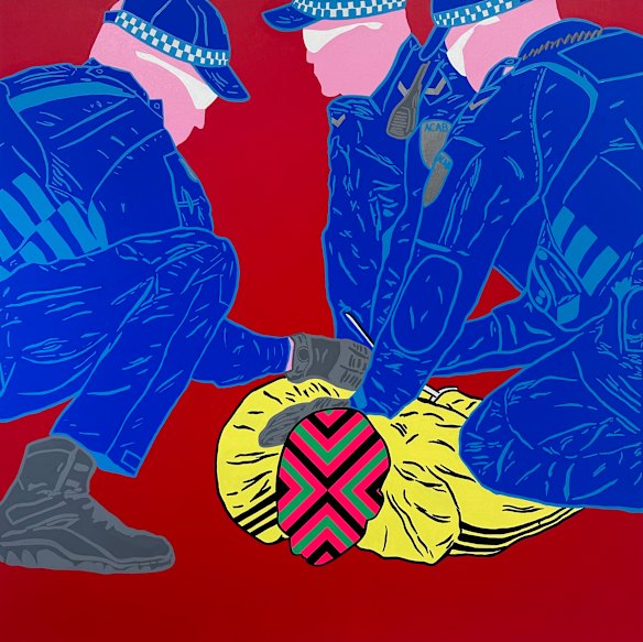 Os Três Porquinhos de Reko Rennie, 2024, em Motores de Busca: Graffiti e Arte Contemporânea, na Escola Nacional de Arte.