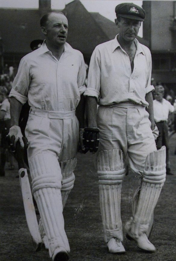 Partnership: Don Bradman and Arthur Morris walking out to bat at Leeds in 1948.