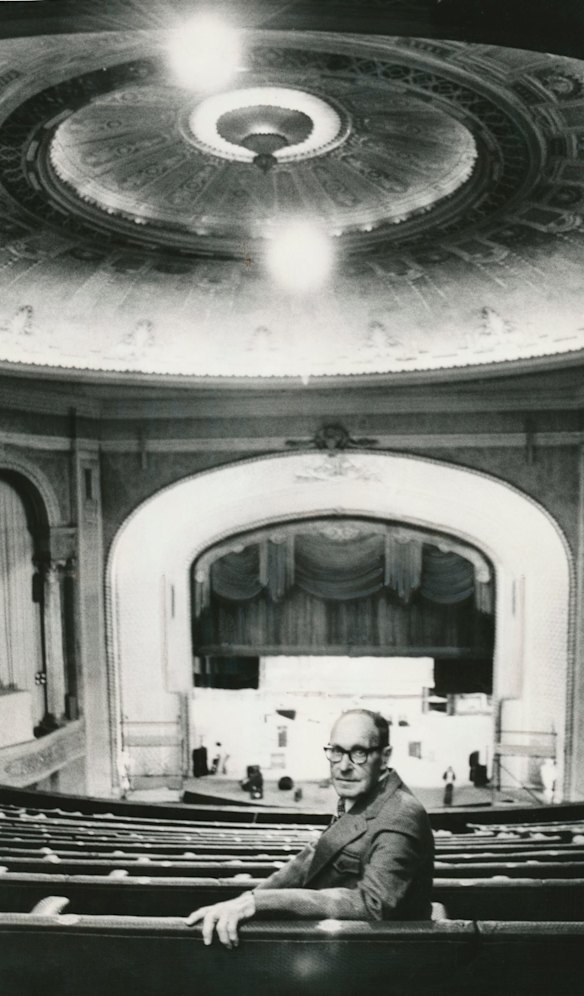 Albert Wright, the man in the dome. The Palais Theatre on its 50th birthday. Wright was the film projectionist for 43 years, until retiring in 1969. Published 11 November 1977.