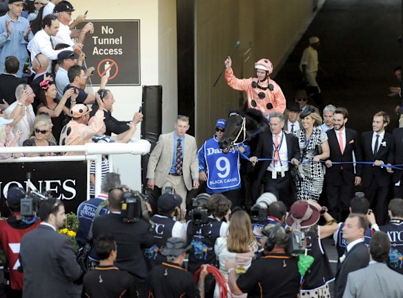 Jockey Luke Nolan returns to scales after riding Black Caviar to victory.