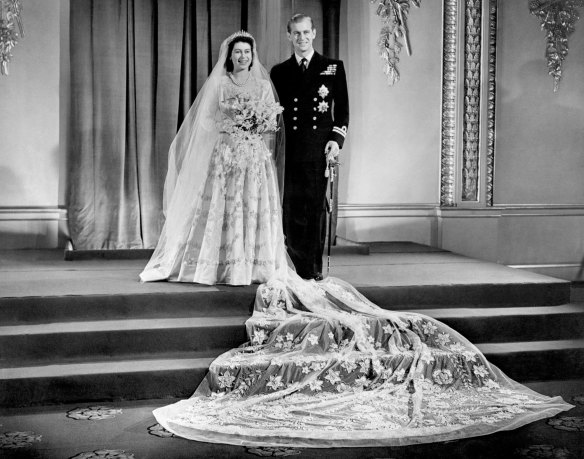 Princess Elizabeth, now Britain's Queen Elizabeth II and Lieutenant Philip Mountbatten, now Prince Philip, at London's Buckingham Palace after their wedding ceremony on November 20, 1947.