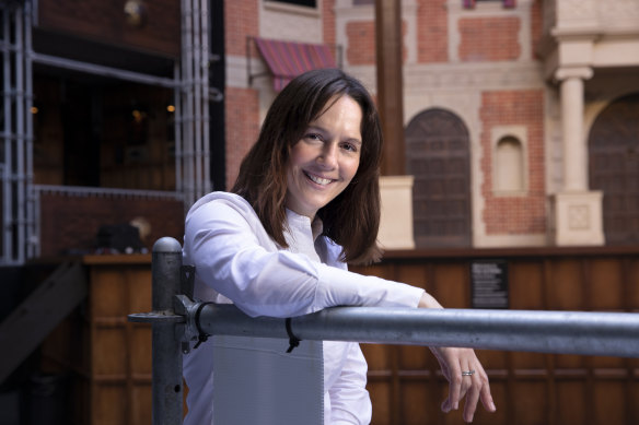 Katherine Shearer thrives in her role as company manager of Pop-up Globe, the world’s first full-scale temporary working replica of Shakespeare’s second Globe. She is pictured here on the Pop Up stage at EQ, Sydney. 