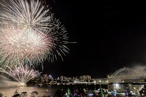 The 9pm fireworks display lights up Sydney Harbour from Barangaroo Park during the New Year's Eve celebrations in Sydney.