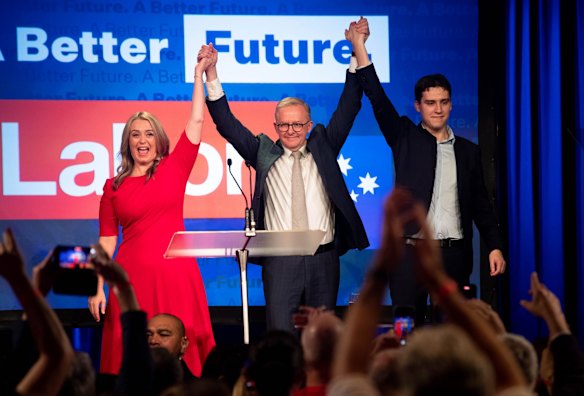 Australia's new Prime Minister, Anthony Albanese, with his son, Nathan, and girlfriend, Jodie Haydon, addresses the nation after his Federal Election victory, at the Canterbury-Hurlstone Park RSL Club in Sydney.