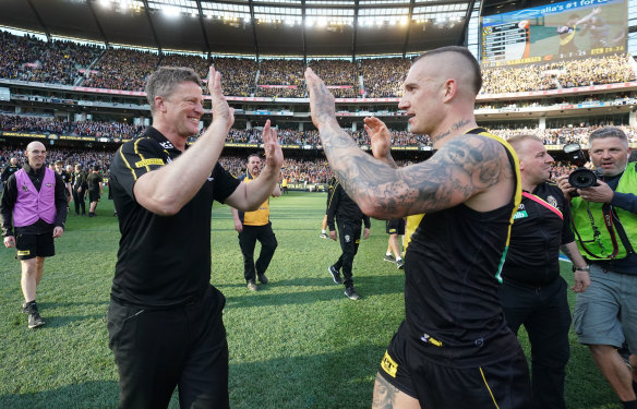 Those were the days: Damien Hardwick said Dustin Martin stamped his greatness after his second Norm Smith Medal, this time against Greater Western Sydney in 2019.