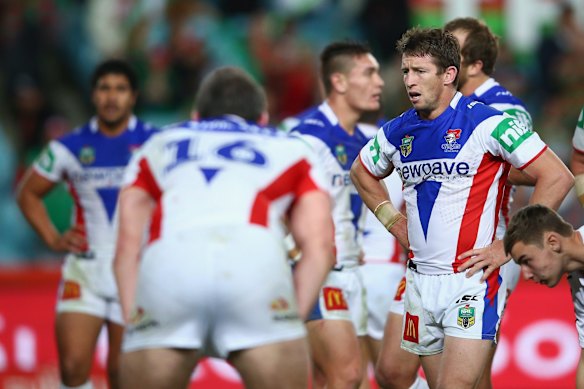How tough is this?: Kurt Gidley and Knights players take stock after conceding yet another try.